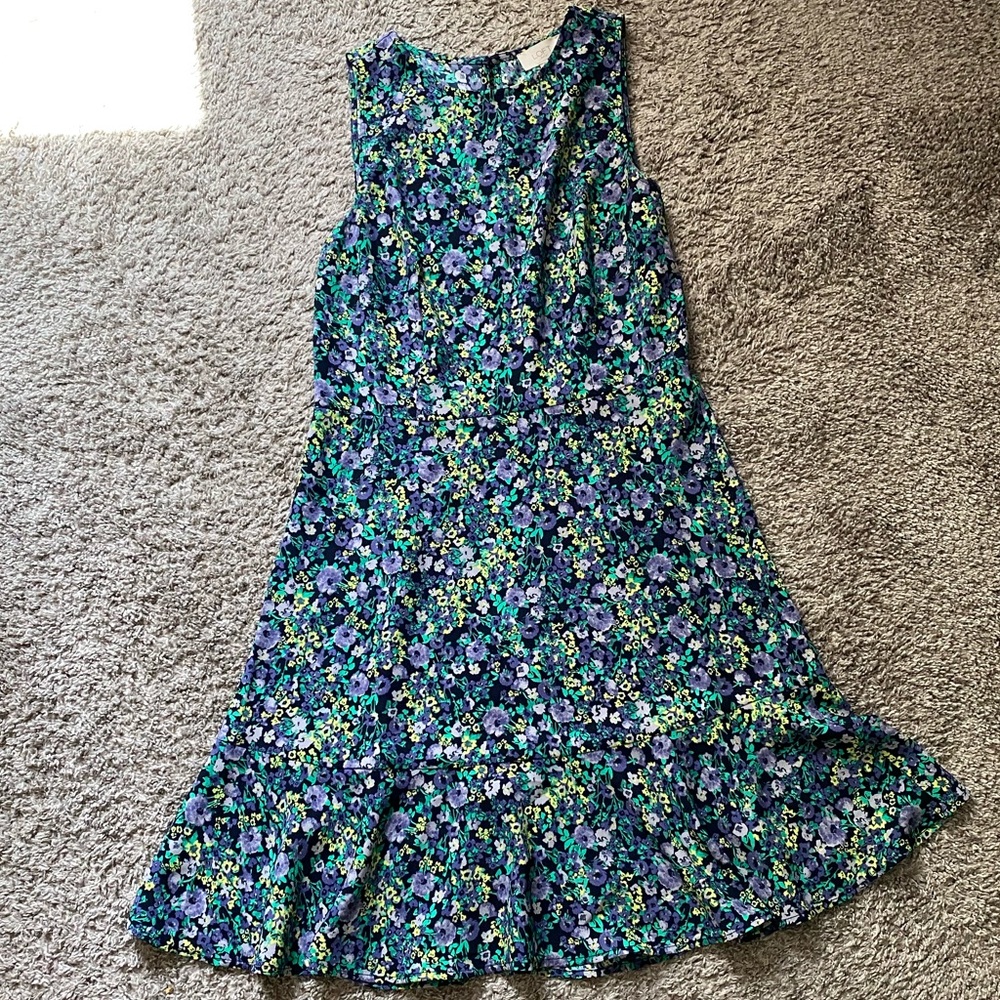 Loft Dark Floral Sleeveless Dress with Ruffle Bottom